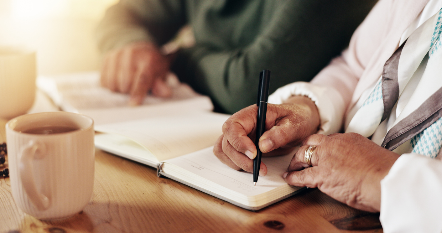 couple and hands writing of woman