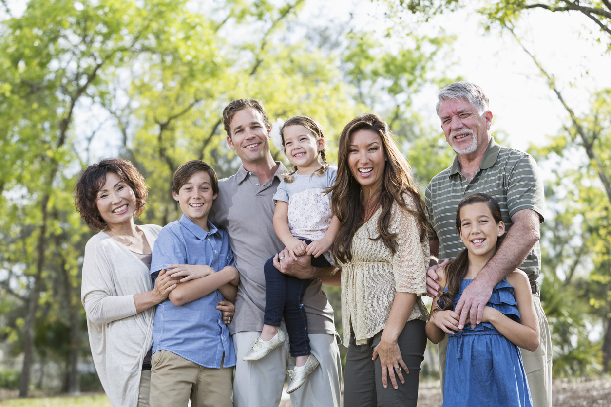 Multi-generation, mixed race family.