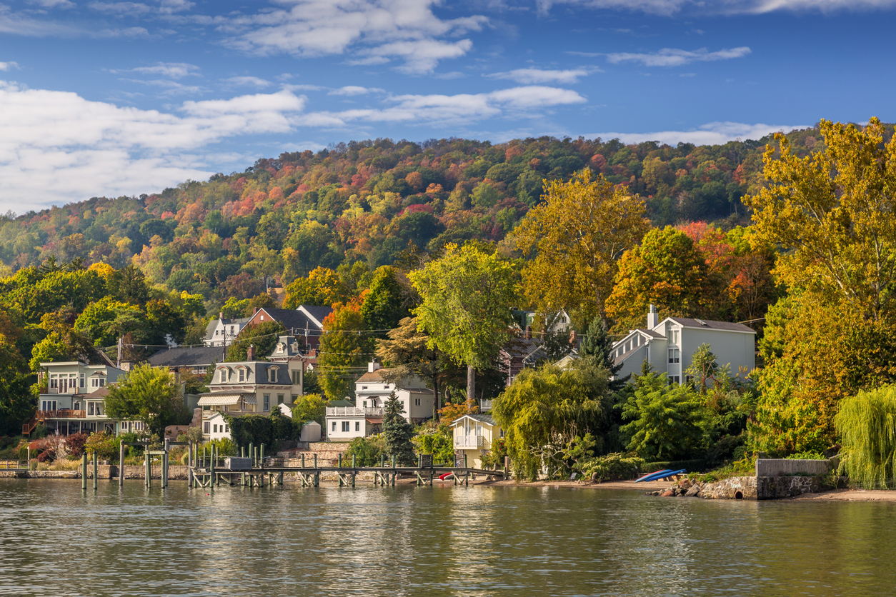 Landscape with Trees in Autumn Colors (Foliage), Hudson River, Houses and Blue Sky, Nyack, Rockland County, Hudson Valley, New York. Canon EOS 6D (full frame sensor). Polarizing filter.